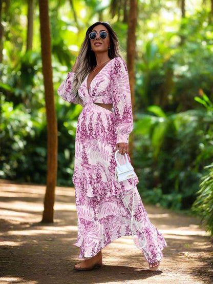 Women's Elegant Hollow sides Long Sleeves V-neck Maxi Dress - ChoreGirl