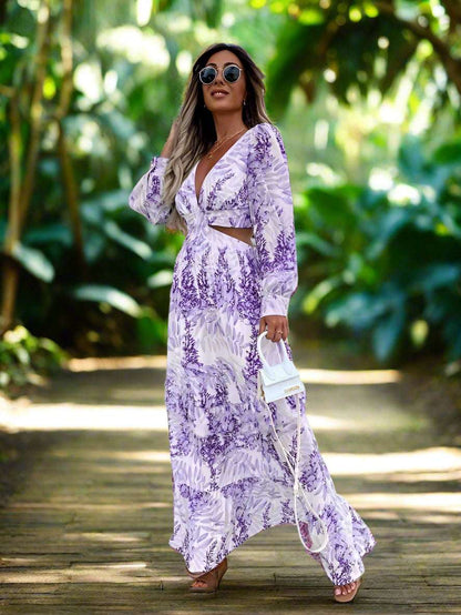 Women's Elegant Hollow sides Long Sleeves V-neck Maxi Dress - ChoreGirl