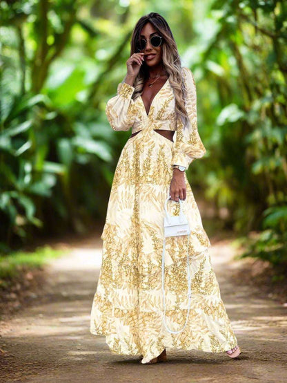 Women's Elegant Hollow sides Long Sleeves V-neck Maxi Dress - ChoreGirl