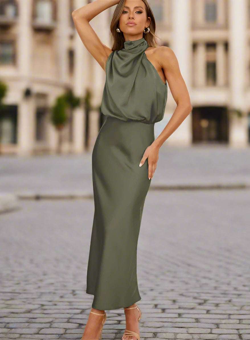 Women's Elegant Satin Sleeveless Halter Neck Midi Dress - ChoreGirl