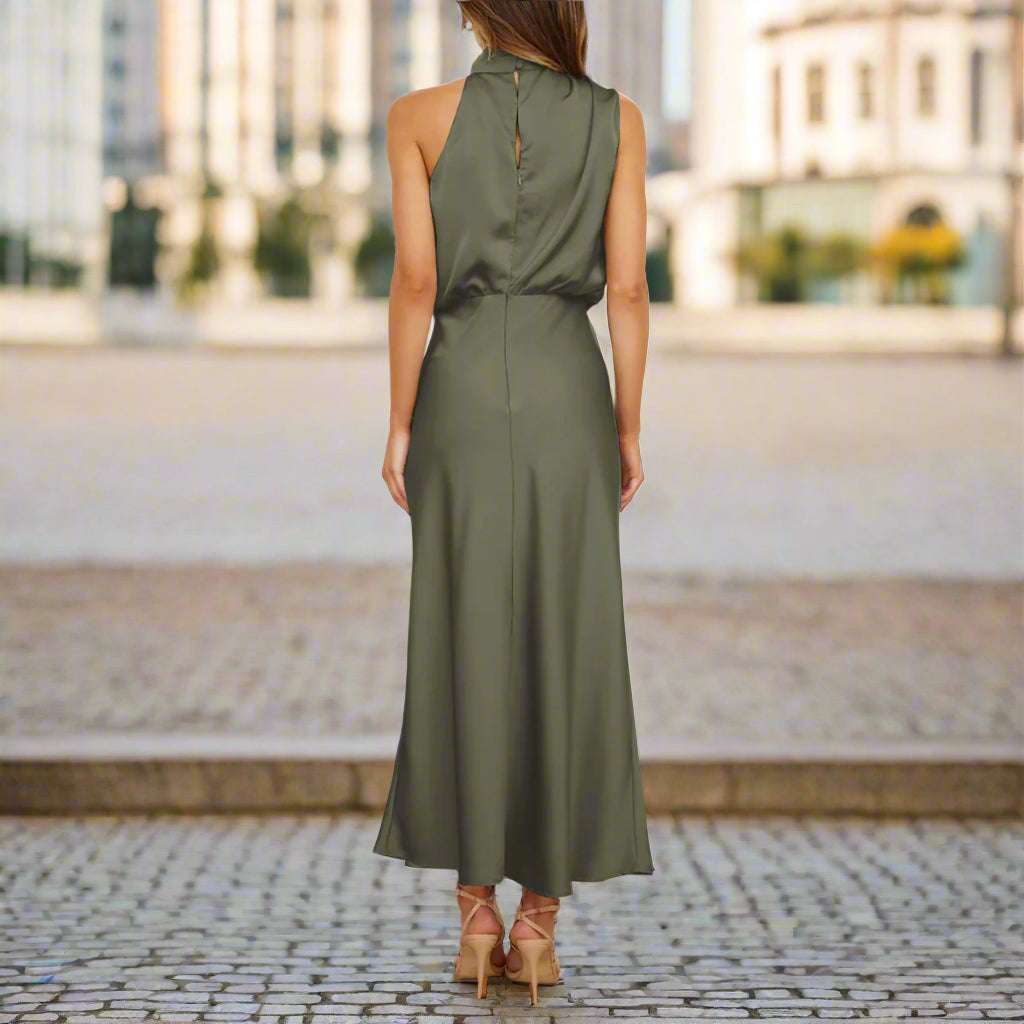Women's Elegant Satin Sleeveless Halter Neck Midi Dress - ChoreGirl