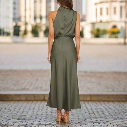 Women's Elegant Satin Sleeveless Halter Neck Midi Dress - ChoreGirl