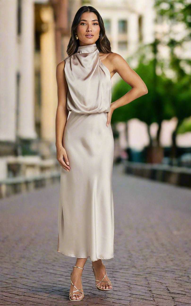 Women's Elegant Satin Sleeveless Halter Neck Midi Dress - ChoreGirl