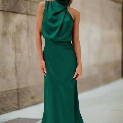Women's Elegant Satin Sleeveless Halter Neck Midi Dress - ChoreGirl