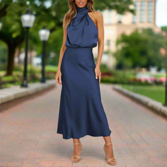 Women's Elegant Satin Sleeveless Halter Neck Midi Dress - ChoreGirl