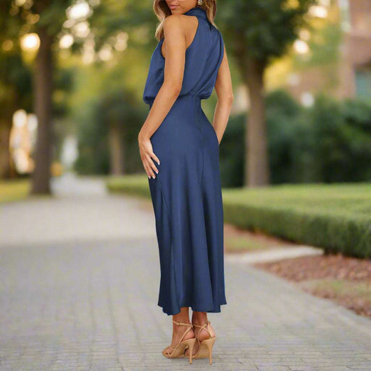 Women's Elegant Satin Sleeveless Halter Neck Midi Dress - ChoreGirl