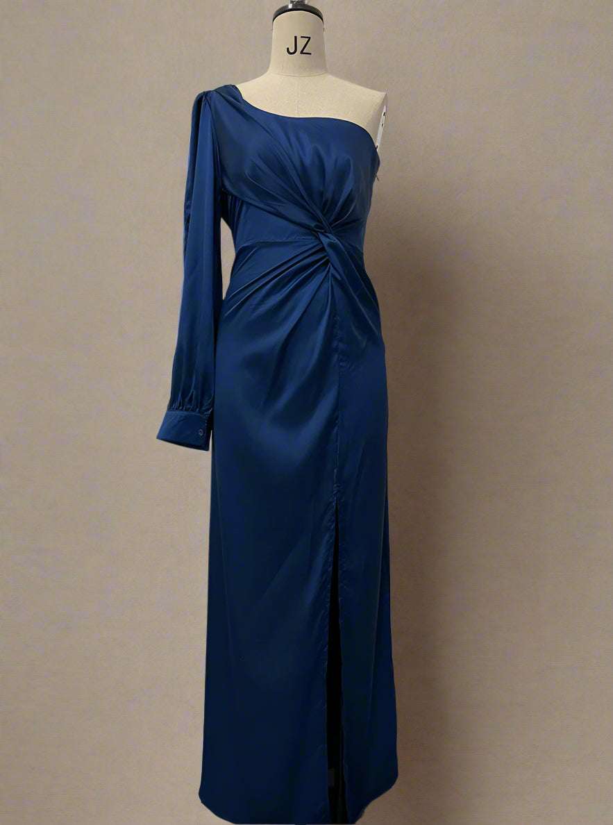 Women's Elegant Satin Slim One-shoulder Long Sleeved Split Maxi Dress - ChoreGirl