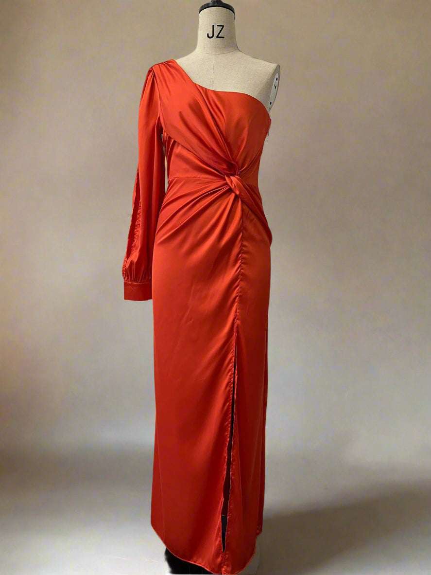 Women's Elegant Satin Slim One-shoulder Long Sleeved Split Maxi Dress - ChoreGirl