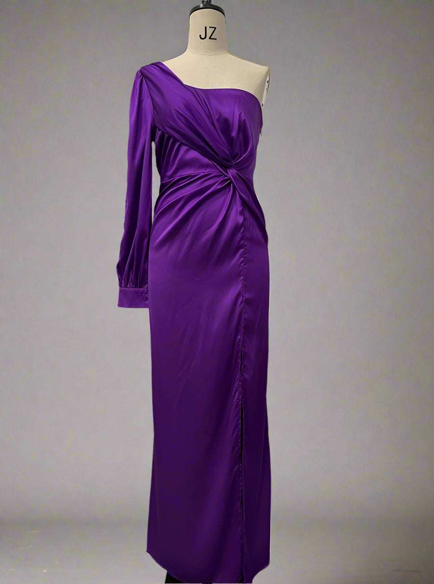 Women's Elegant Satin Slim One-shoulder Long Sleeved Split Maxi Dress - ChoreGirl
