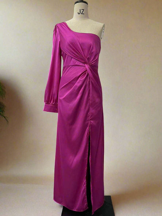 Women's Elegant Satin Slim One-shoulder Long Sleeved Split Maxi Dress - ChoreGirl