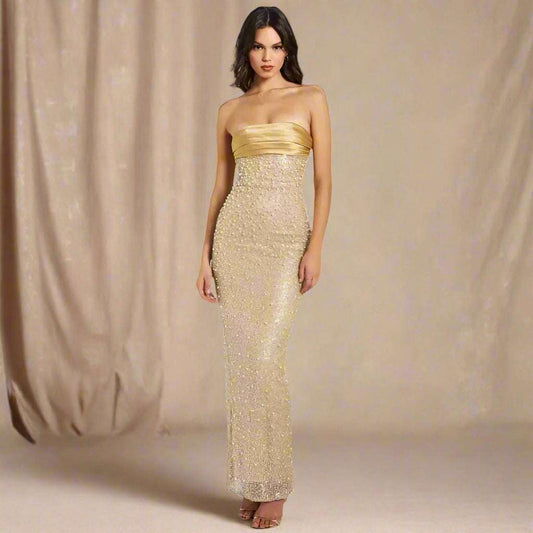 Women's Elegant Sequins and Beads Light Luxury Sleeveless Tube Dress with Slit - ChoreGirl