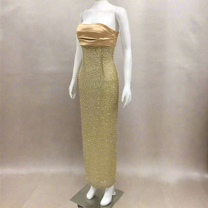 Women's Elegant Sequins and Beads Light Luxury Sleeveless Tube Dress with Slit - ChoreGirl