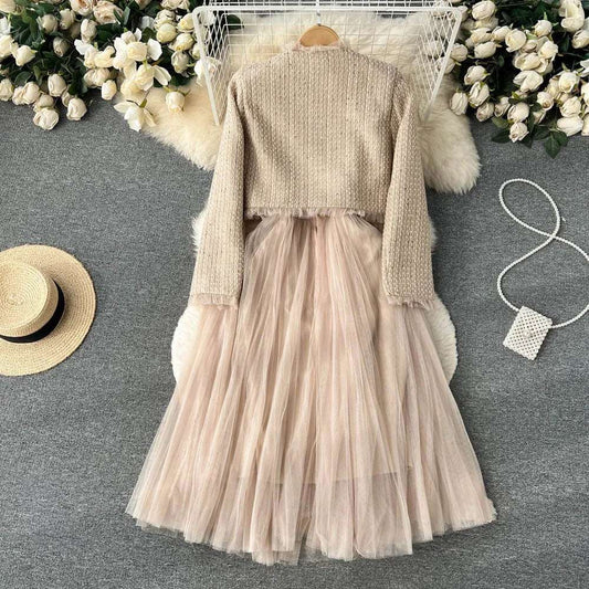 Women's Elegant Short Cardigan and Pleated Dress Outfit Set - ChoreGirl