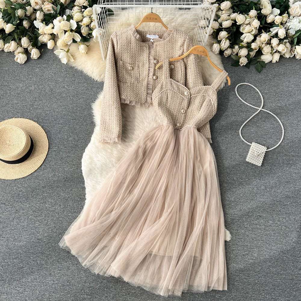Women's Elegant Short Cardigan and Pleated Dress Outfit Set - ChoreGirl