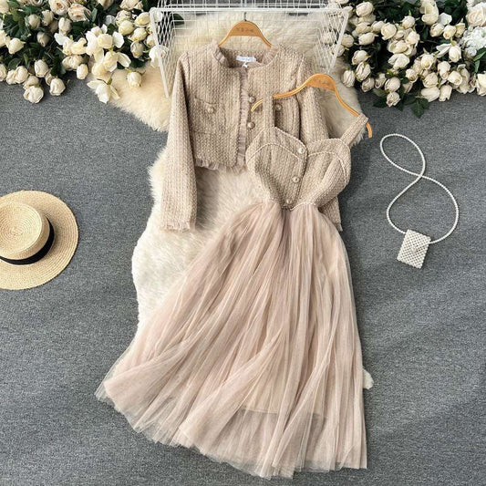 Women's Elegant Short Cardigan and Pleated Dress Outfit Set - ChoreGirl