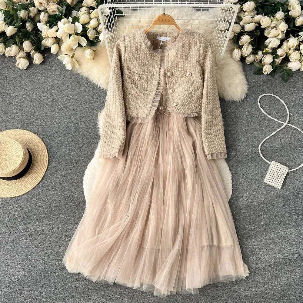 Women's Elegant Short Cardigan and Pleated Dress Outfit Set - ChoreGirl