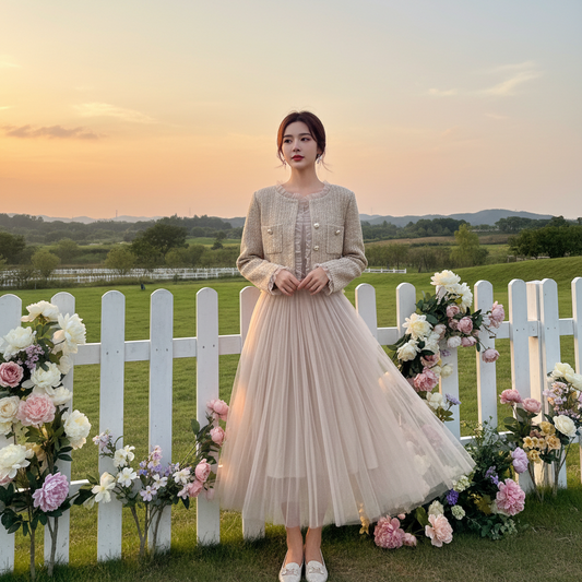 Women's Elegant Short Cardigan and Pleated Dress Outfit Set