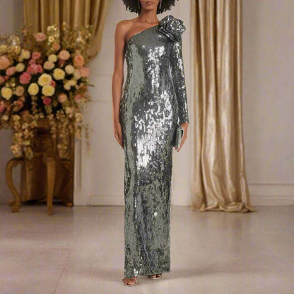 Women's Floral Asymmetrical Silver Sequin Gown - ChoreGirl
