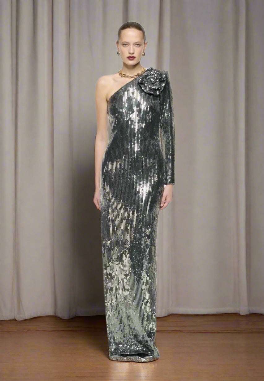 Women's Floral Asymmetrical Silver Sequin Gown - ChoreGirl