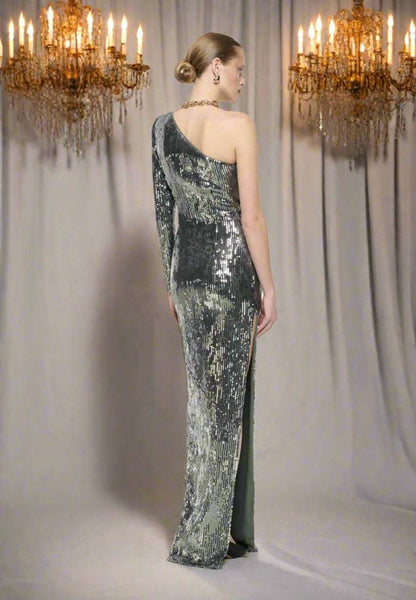 Women's Floral Asymmetrical Silver Sequin Gown - ChoreGirl