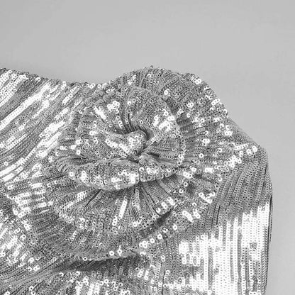 Women's Floral Asymmetrical Silver Sequin Gown - ChoreGirl