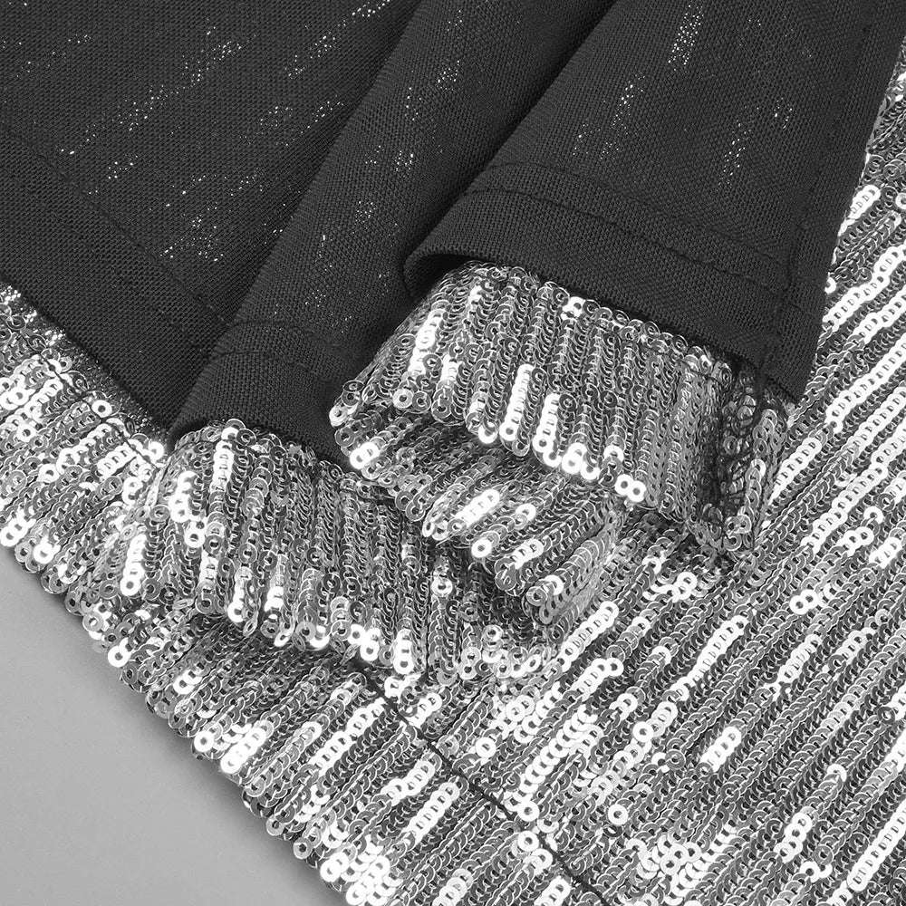 Women's Floral Asymmetrical Silver Sequin Gown - ChoreGirl