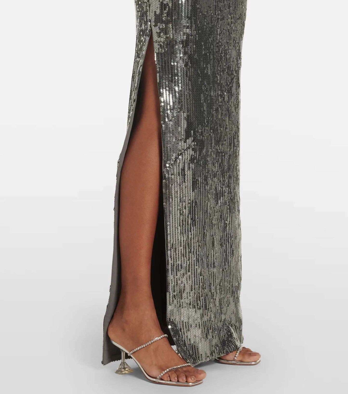 Women's Floral Asymmetrical Silver Sequin Gown - ChoreGirl