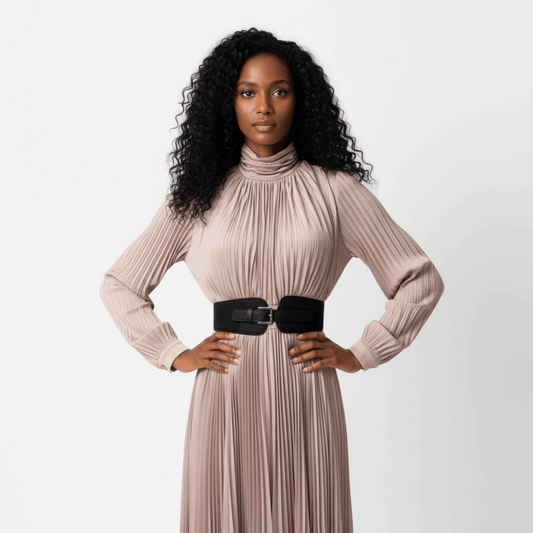 Women's French Style Elegant High Neck High Waist Long Dress with Belt