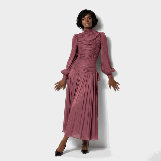Dusty rose French-style modest chiffon dress with high neck and long sleeve