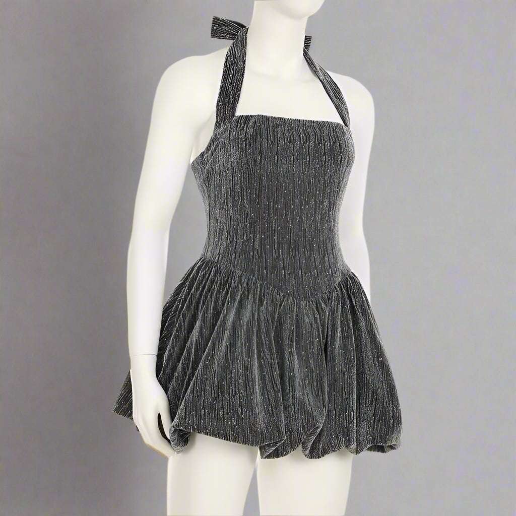 Women's Grey Glittering Crystal Embellished Bubble Hem Halter Cinched Waist A-Line Mini Dress - ChoreGirl
