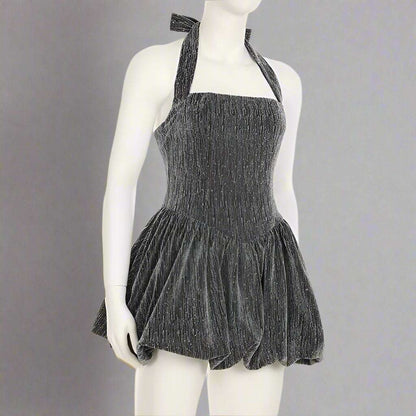 Women's Grey Glittering Crystal Embellished Bubble Hem Halter Cinched Waist A-Line Mini Dress - ChoreGirl