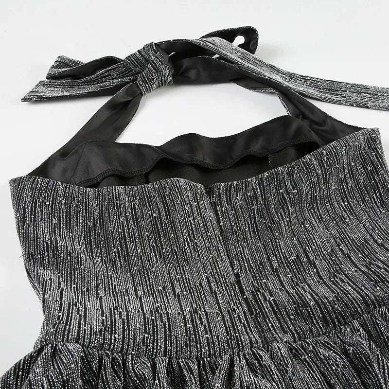 Women's Grey Glittering Crystal Embellished Bubble Hem Halter Cinched Waist A-Line Mini Dress - ChoreGirl