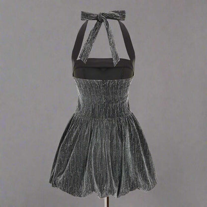 Women's Grey Glittering Crystal Embellished Bubble Hem Halter Cinched Waist A-Line Mini Dress - ChoreGirl