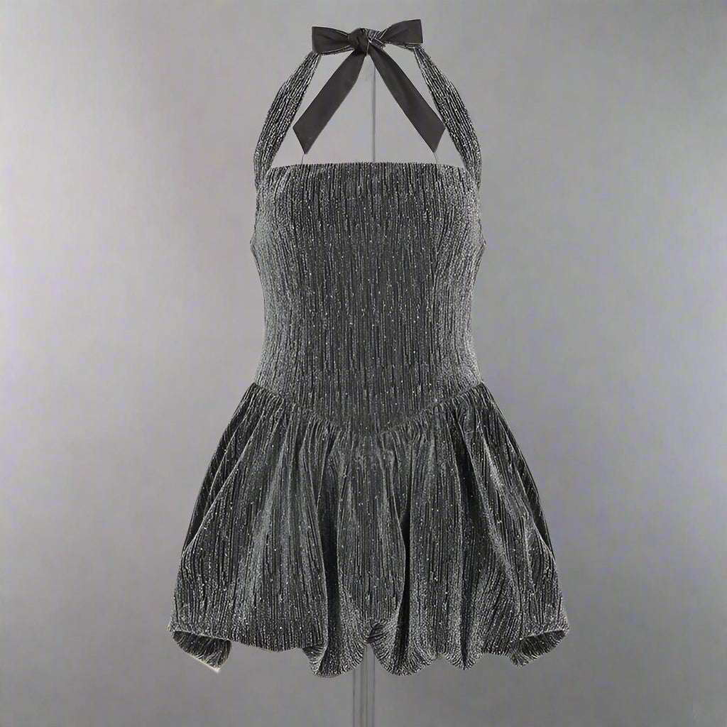 Women's Grey Glittering Crystal Embellished Bubble Hem Halter Cinched Waist A-Line Mini Dress - ChoreGirl