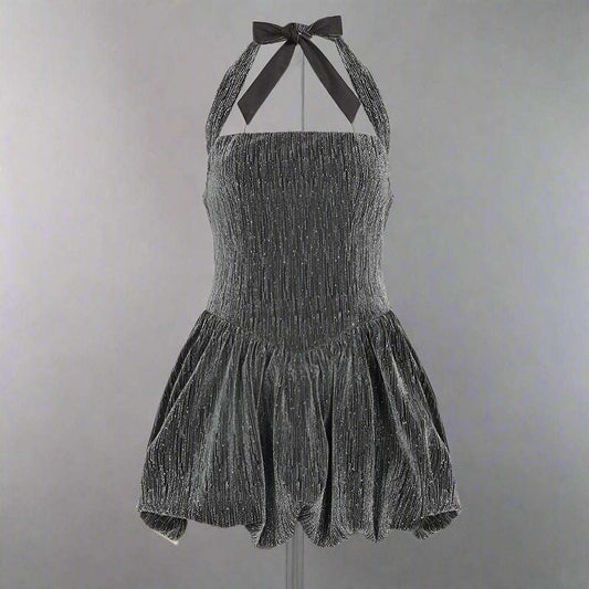 Women's Grey Glittering Crystal Embellished Bubble Hem Halter Cinched Waist A-Line Mini Dress - ChoreGirl