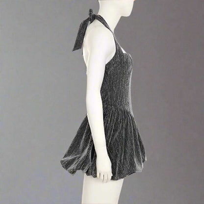Women's Grey Glittering Crystal Embellished Bubble Hem Halter Cinched Waist A-Line Mini Dress - ChoreGirl