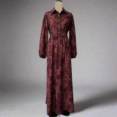 Women's Brown Jacquard Long Sleeve Swing Dress with Belt - ChoreGirl