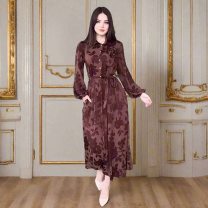 Women's Brown Jacquard Long Sleeve Swing Dress with Belt - ChoreGirl