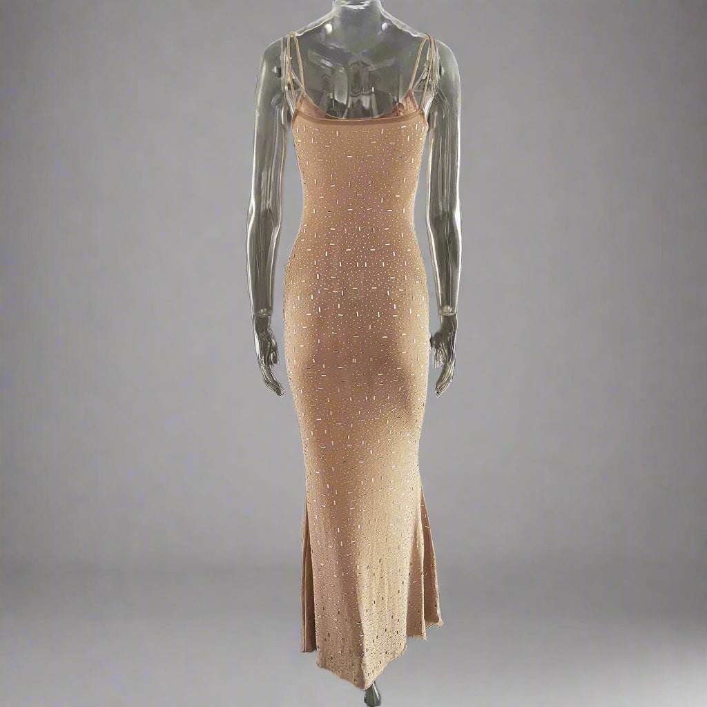 Women's Light See-through Diamond Sling Mermaid Dress with Rhinestone and Lace Detail - ChoreGirl