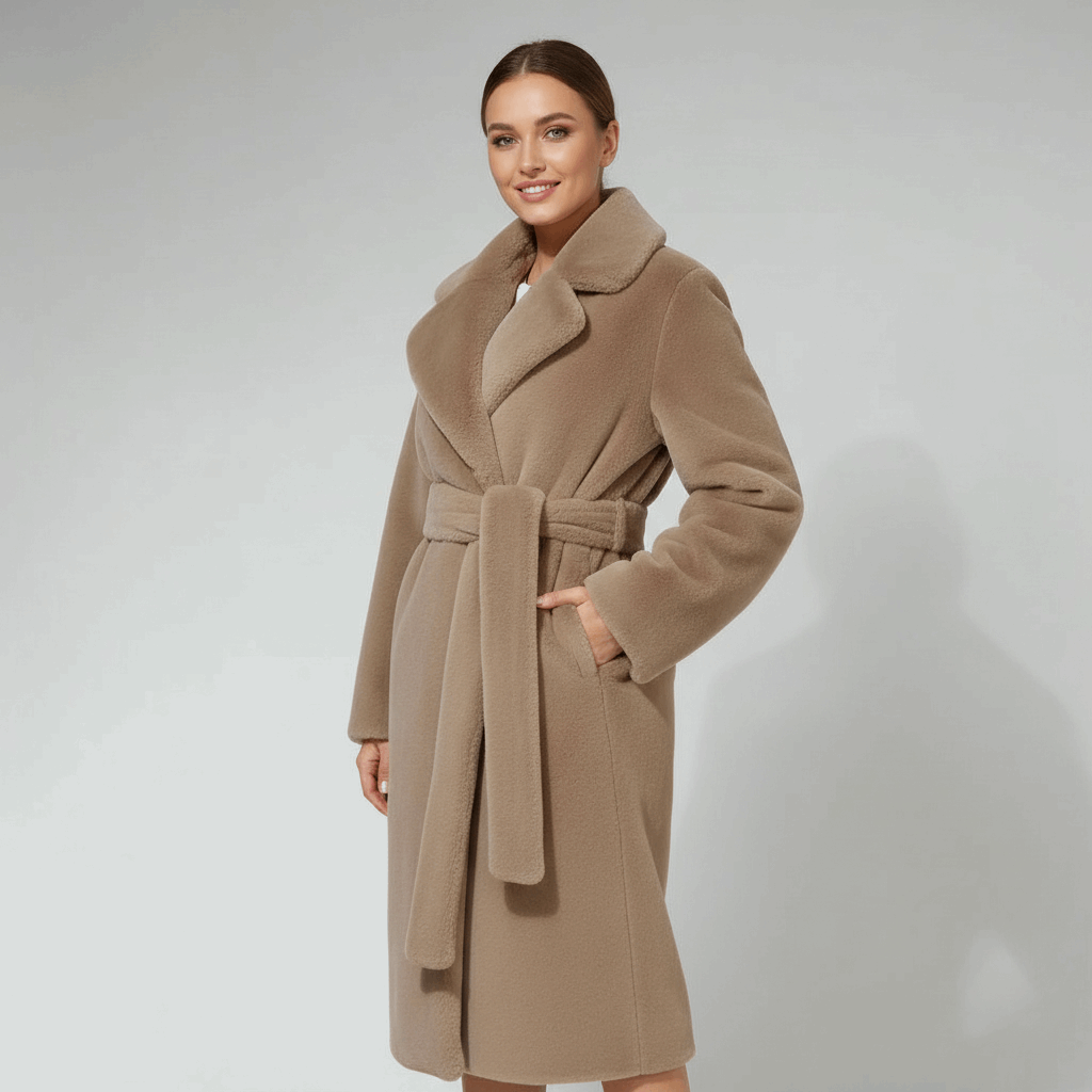 Woman wearing a beige coat on a plain background