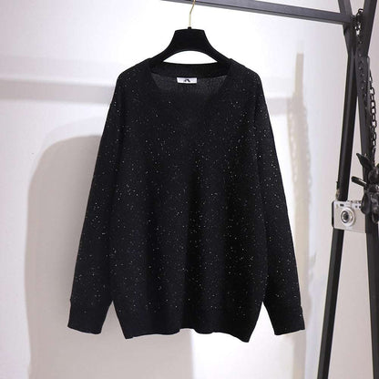 Women's Loose V-neck Sweater and Velvet Skirt Outfit Set Pieces - ChoreGirl