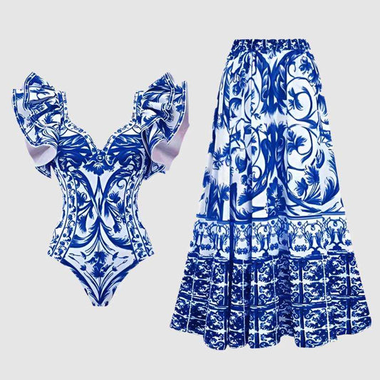 Women's Printed Swimwear One-piece Swimsuit with Cover-Up Long Skirt - ChoreGirl