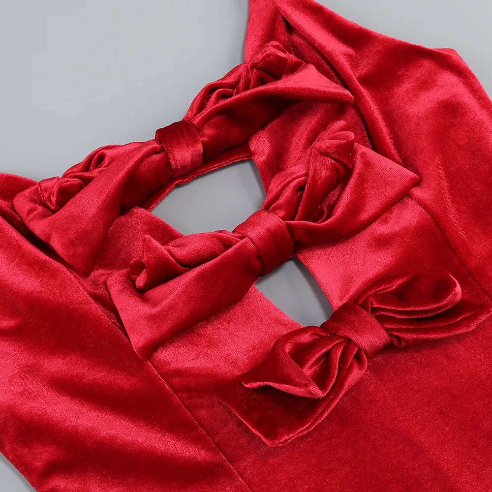 Women's Red Bowknot Velvet Long Tail Dress - ChoreGirl