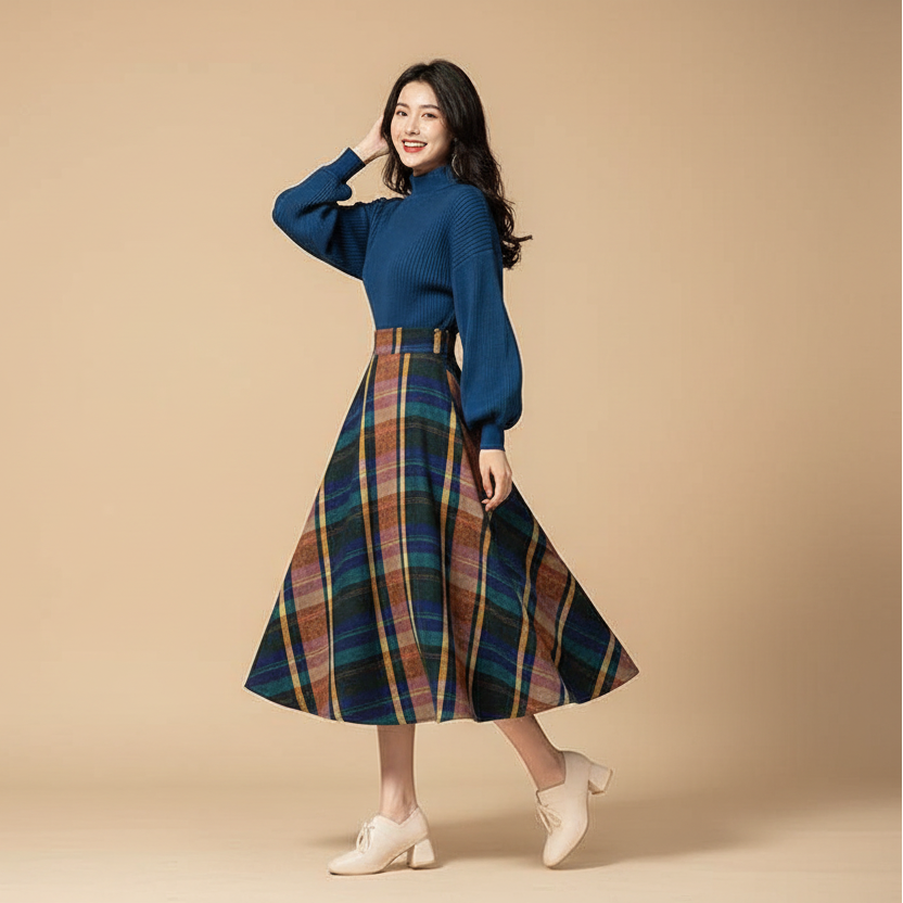 Retro Turtleneck Sweater & Plaid Skirt Set - Elegant Outfit