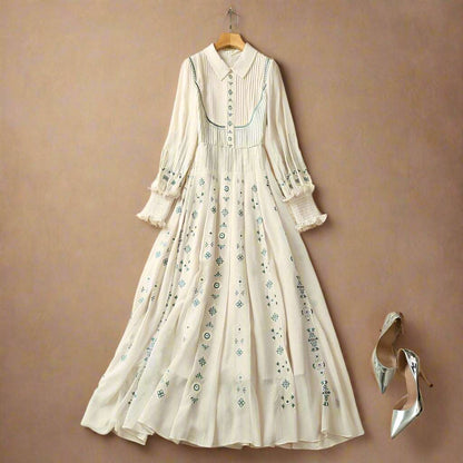 Women's Romantic Pleated Embroidery Long Sleeve Dress - ChoreGirl