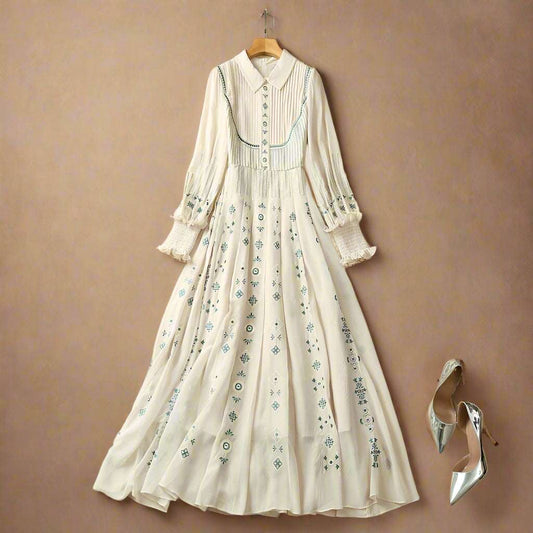 Women's Romantic Pleated Embroidery Long Sleeve Dress - ChoreGirl