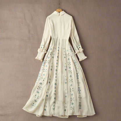 Women's Romantic Pleated Embroidery Long Sleeve Dress - ChoreGirl