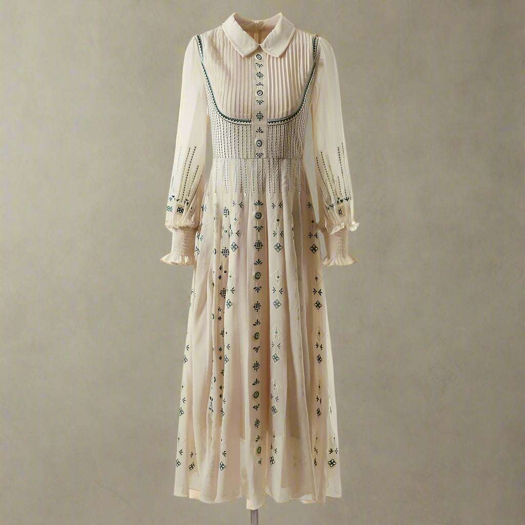 Women's Romantic Pleated Embroidery Long Sleeve Dress - ChoreGirl