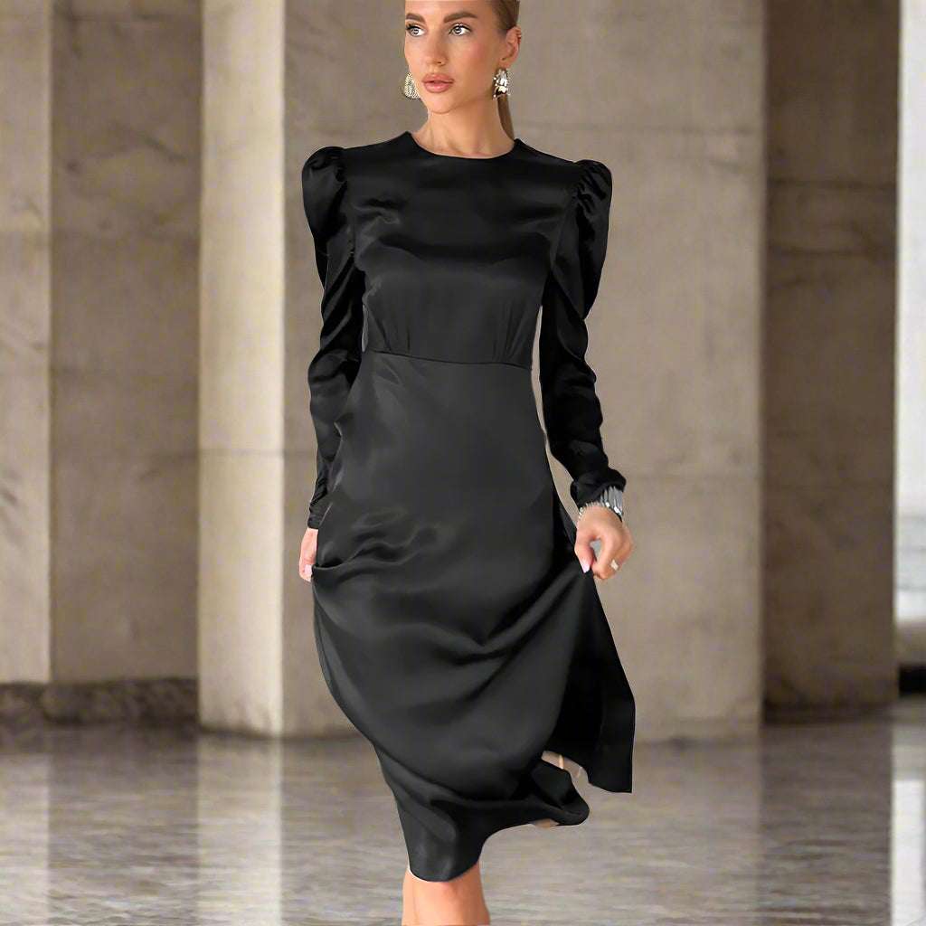 Women's Satin Round Neck Puff Sleeve Event Dress - ChoreGirl
