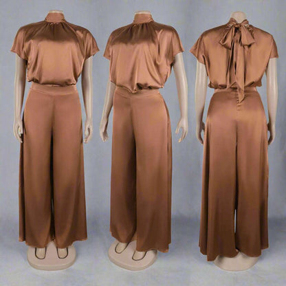 Women's Satin Silky Short Sleeve Top and Wide Leg Pants Two-piece Outfit Set - ChoreGirl